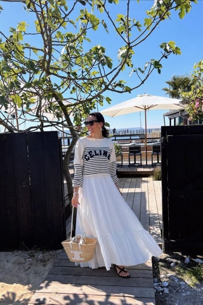 Striped Long sleeve Top Flowing White Maxi Skirt