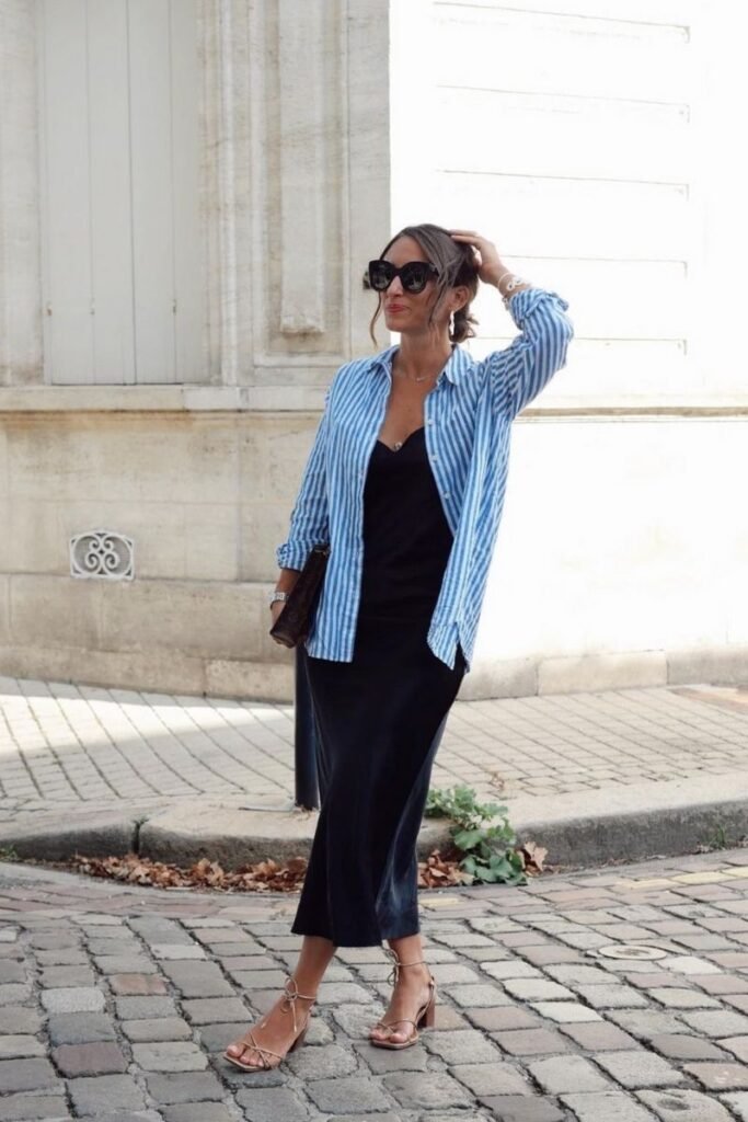 Striped Shirt Slip Dress Strappy Sandals