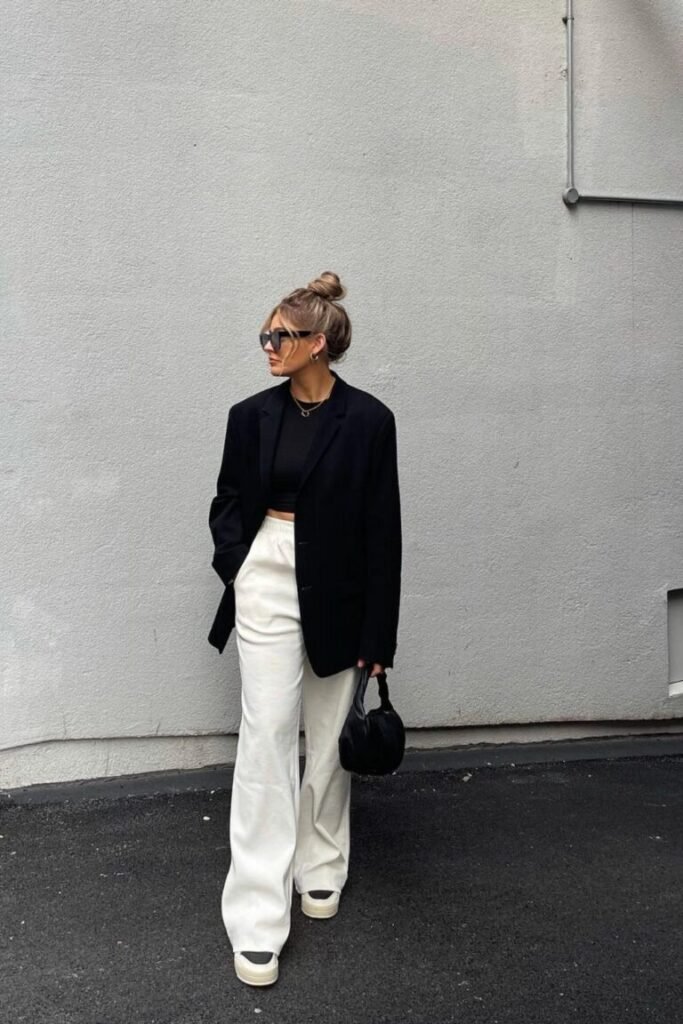 Tailored Black Blazer Loose White Pants Chunky White Sneakers