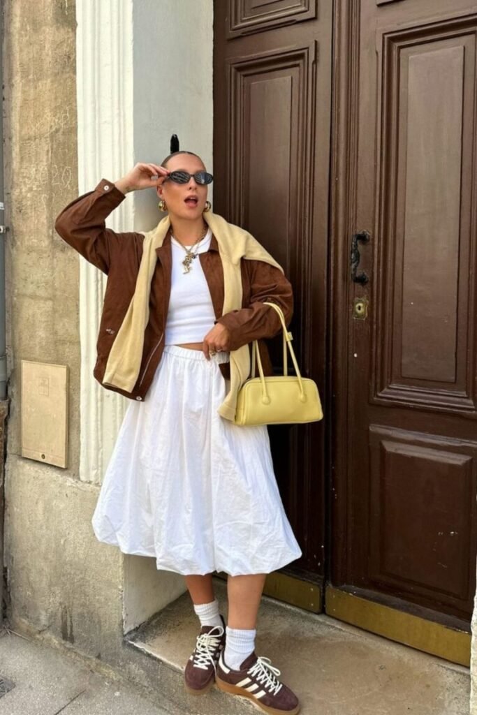 Vintage Brown Jacket Crisp White Midi Skirt Deep Brown Sneakers