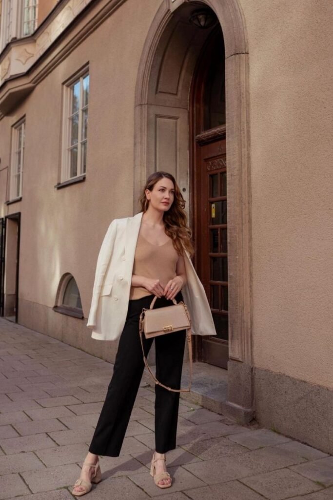 White Blazer Beige Top Black Pants Nude Heels