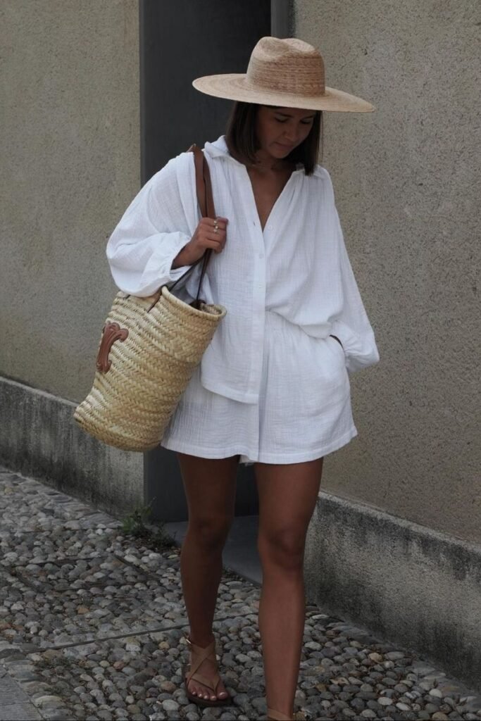 White Button down Shirt Matching Shorts Strappy Sandals
