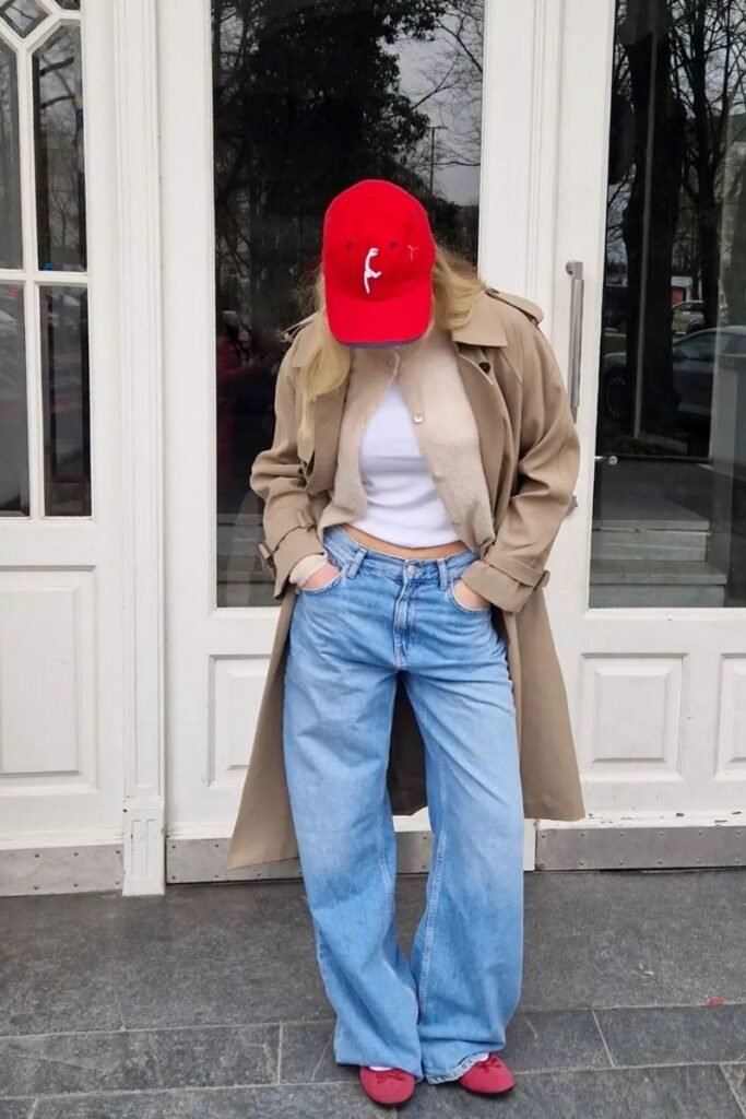 White Crop Top High Waisted Blue Jeans Beige Trench Coat