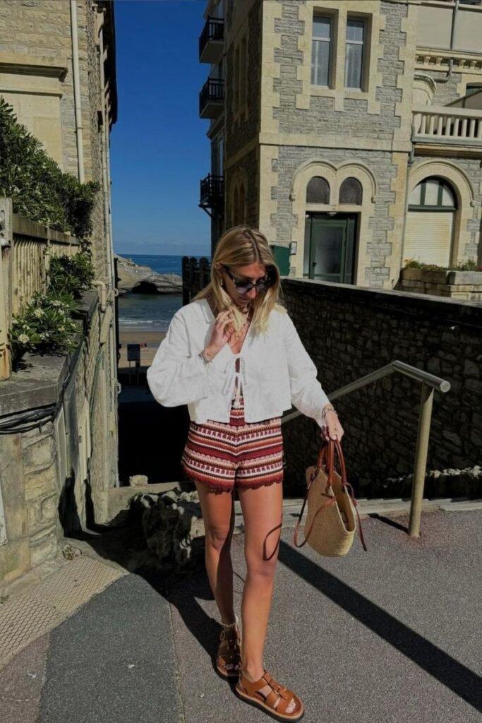 White Cropped Blouse Patterned Shorts Gladiator Sandals