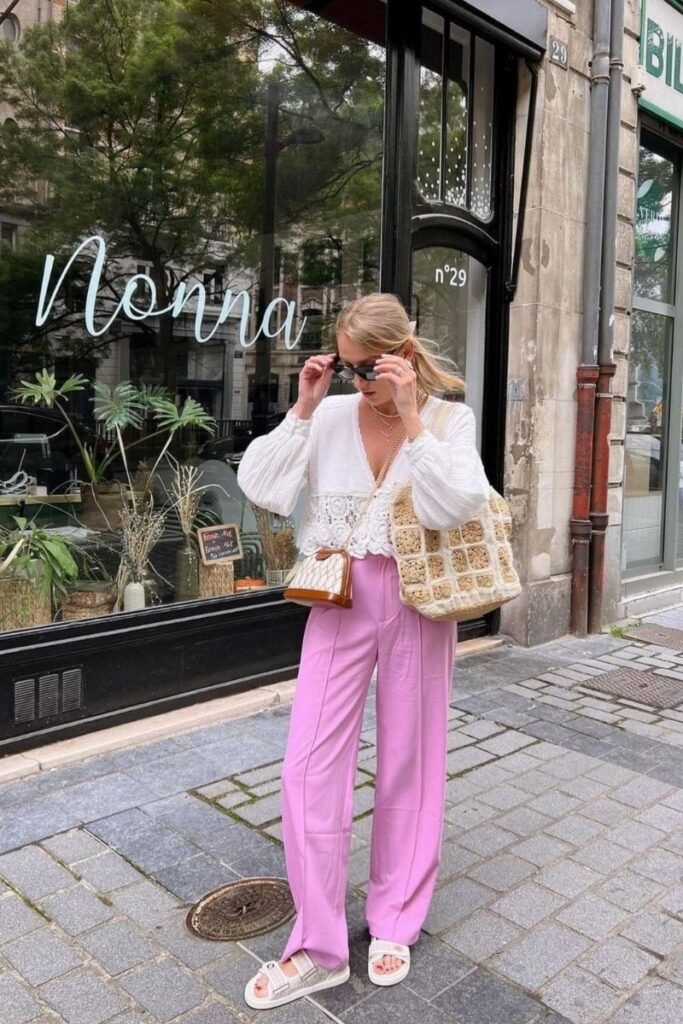 White Lace trimmed Blouse Pastel Pink Trousers White Sandals