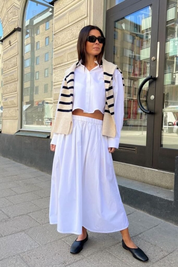 White Shirt White Maxi Skirt Striped Sweater Black Flats