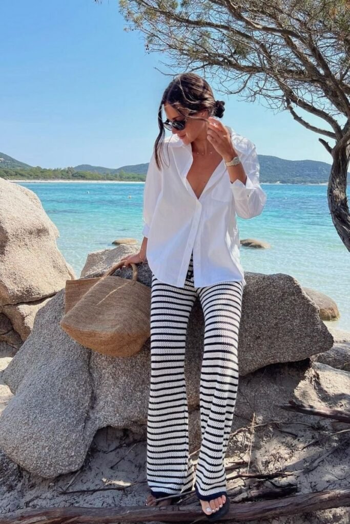 White Shirt with Striped Pants