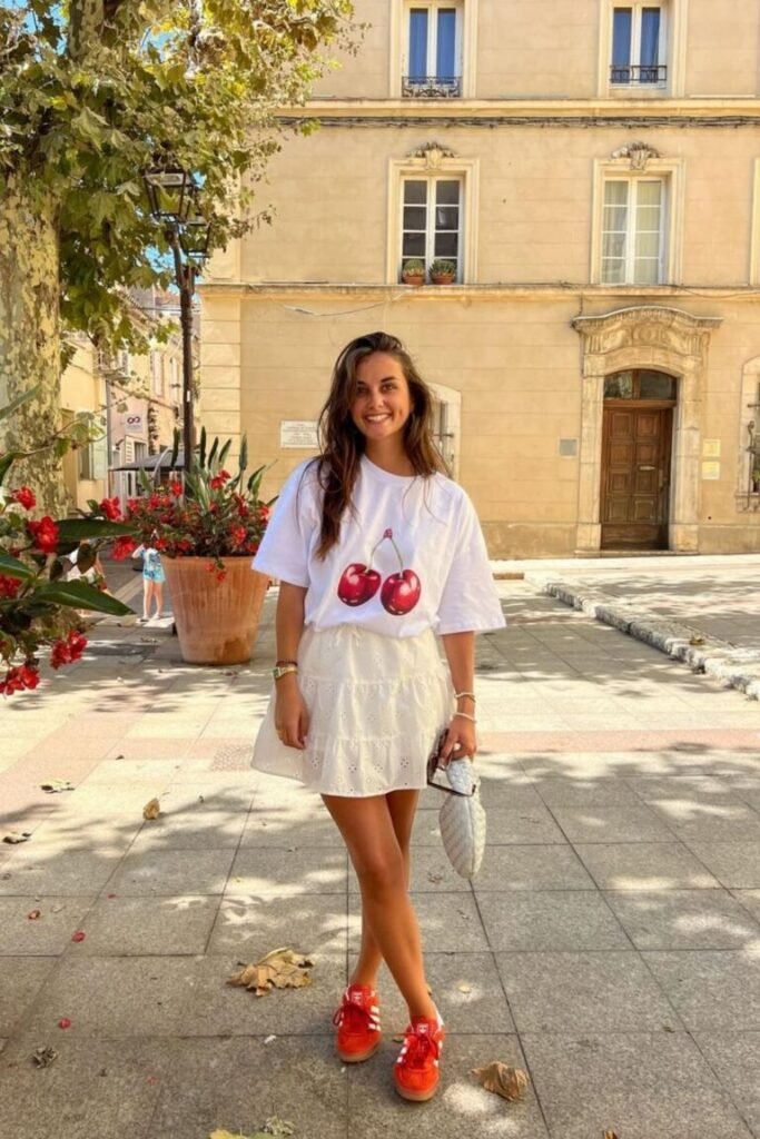 White Tiered Mini Skirt Cherry Graphic Tee Red Sneakers