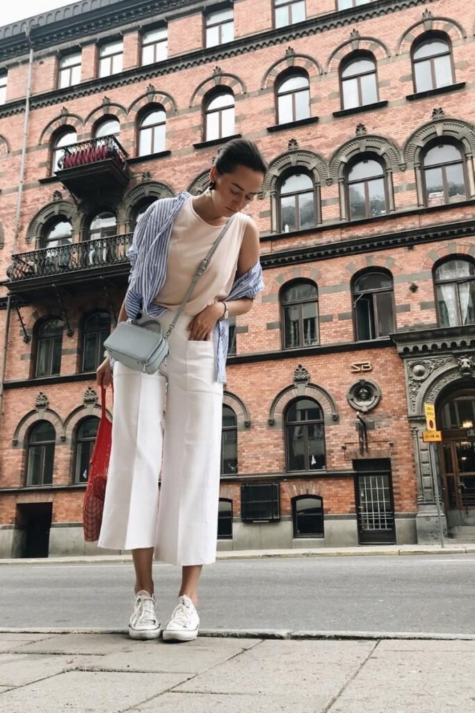 White Wide Legged Pants Light Beige Top Striped Blue Shirt