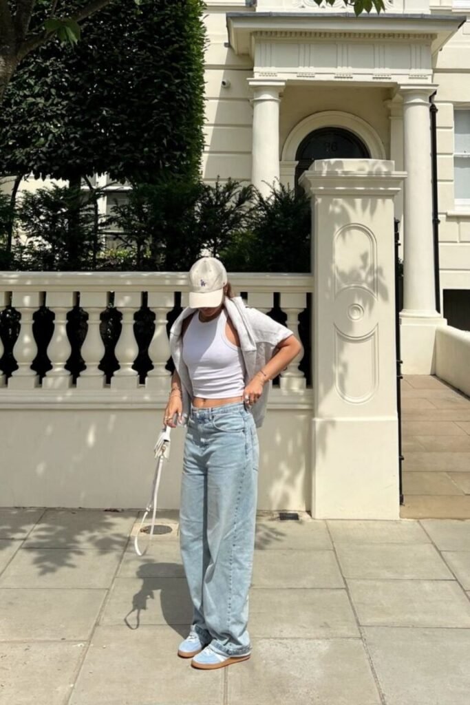 Wide Leg Jeans White Crop Top Soft Blue Sneakers