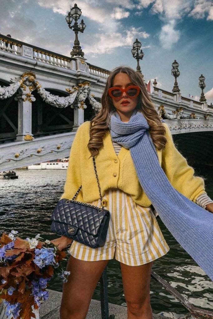 Yellow Cardigan Striped Shorts Cozy Blue Scarf
